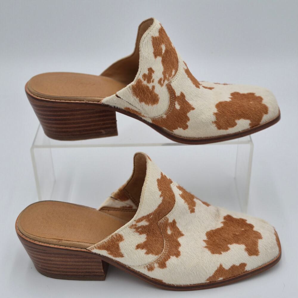 Crown Vintage Cow Hair Block Heel Tan Beige Cowgirl Slip On Mules Size 7.5 S0088
